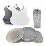 Twistshake Ensemble de Vaisselle pour Bébé - 5 Pièces | 1x Set de Table en Silicone pour Bébé - 1x Assiette Enfant - 2x Bavoirs - 1x Gobelet Paille | Ensemble D'alimentation pour Bébé | 6+ Mois | Gris