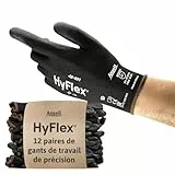 Ansell HyFlex 48-101 Gants de Travail Ultrafins, Nylon Extensible avec Enduction Polyuréthane, Protection Multiusage Haute Précision, Bricolage et Mécanique, Noir, Taille M (12 Paires)