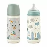 Suavinex, Lot 2 Biberons 360 ml. Biberon avec Tétine Symétrique SX Pro en Silicone à Débit Rapide (L). Avec Valve Anti-Colique. Silicone Fin Ultra-Doux. Pour Bébés, +6 Mois. Vert et Bleu