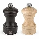 PEUGEOT - Bistro - Moulin à Poivre + Moulin à Sel 10 cm - Poivre Noir + Sel Gemme Inclus - Réglage Classique - En Bois Labellisé PEFC - Fabrication Française - Coloris Chocolat et Naturel