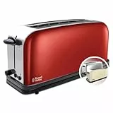 Russell Hobbs Grille Pain [Fente extra large et longue 2 Toasts/ 1 Tranche baguette] Colour+ Rouge (6 Niveaux de Brunissage rapide, Surélévation, Décongèle & Réchauffe, 1000W) Toaster 21391-56