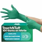 Ansell TouchNTuff 92-600, Gants jetables pour travaux lourds, Gants nitrile contact alimentaire, Gants de protection chimique et mécanique, Sans latex, Boîte de 100 gants en nitrile verts, Taille M