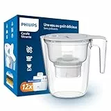 Philips Water Carafe filtrante avec 12 cartouches de remplacement, minuterie électronique, débit rapide, filtre le CHLORE, le CALCAIRE, les MÉTAUX LOURDS et les MICROPLASTIQUES, capacité de 2.6 L