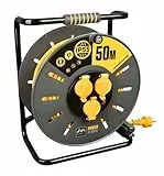 Masterplug Pro-XT Enrouleur de câble 50 m, rallonge prise IP55, rallonge électrique 3 prises Schuko, rallonge prise professionnelle 3 x 1,5 mm²