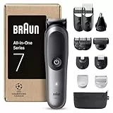 Braun Tondeuse Tout-En-Un Series 7, Kit 12-En-1, Lame ProBlade, Technologie AutoSense, 120 Min D'autonomie, Protection SkinGuard, Barbe En Dégradé, Manche AquaGrip Pratique Sous L'eau, AIO7545, Gris