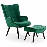 Menzzo Fauteuil Scandinave Vert avec Pouf Repose Pied Salon | Revêtement Velours | Pieds en Bois | Assise Moelleuse et Confortable | Modèle Lylou | L64 x P48 x H100 cm | Hauteur Assise 42 cm
