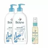BIOLANE - 2 Gels corps et cheveux 2 en 1 750ml + 1 Huile d'amande douce 75ml - Soins Bébé - Toilette - Peaux Sensibles - Fabriqué en France