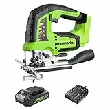 Greenworks GD24JSK2 Scie Sauteuse Sans Fil avec 2 Lames, 3000spm, Base Réglable Jusqu'à 45°, Accessoire d'Aspiration, Batterie 24V 2Ah et Chargeur, Garantie 3 Ans