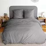 CÔTE DECO Parure de lit Unie - Set de Housse de Couette 240x220 cm + 2 taies d'oreiller 63x63cm - Microfibre lavée (Gris, 240x220cm)