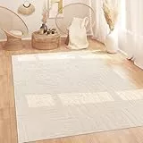 Paco Home Tapis Salon Chambre Poils-Hauts Scandinave Boho Style Géométrique Abstrait Uni Lavable Moelleux 3D Crème, Dimension:120x160 cm