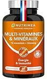Multivitamines et Minéraux - 16 Vitamines & Minéraux + GINSENG - Vitamines A, B6, B9, B12, C, D3, E, Magnésium, Fer, Zinc & Calcium - Energie, Vitalité, Puissance - Fabrication Française - Nutrimea