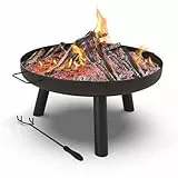 VOUNOT® Brasero Extérieur Ø60cm en Métal avec Grille Tisonnier Brasero Rond Chauffage à Bois pour Terrasse Balcon Jardin Noir
