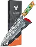SANMUZUO Couteau de Chef - Couteau de Cuisine Professionnel - lame martelée en acier Damas de 20cm et manche en résine - Série YAO