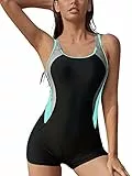 SHEKINI Maillot de bain une pièce athlétique pour femme Boyleg Color Block Sport Maillots de bain dos nageur, Noir + vert lac, 34