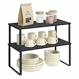 SONGMICS Étagère à Épices, Lot de 2, Organisateur de Placard, Étagère de Rangement de Cuisine Extensible, Porte-épices Empilable, Métal, Bois d’Ingénierie, Noir d'encre et Noir Boisé KCS025B01