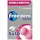 FREEDENT WHITE - Chewing Gum Sans Sucre - Goût Bubble Menthe - 5 Paquets de 10 Dragées - 70g