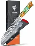 SANMUZUO Couteaux Santoku - Couteau de Chef japonais - lame en acier Damas martelé de 18cm et manche en résine - Série YAO