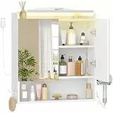 Hzuaneri Armoire Murale Salle de Bain avec Miroir et LED, Meuble de Salle de Bain, Prise et Interrupteur, avec Étagère Réglable, Support Sèche-Cheveux, Blanc 16,5 x 60 x 68,5 cm MC10003XEU