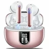 AOVOCE Écouteurs intra-auriculaires sans fil Bluetooth 5.3 avec 4 micros antibruit d'appel ENC HiFi stéréo Mini écouteurs 42 heures de lecture Affichage LED Écouteurs étanches IP6 Rose