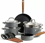 GreenPan Mayflower Pro Batterie de Cuisine 13 Pièces avec Revêtement Antiadhésif Céramique Sain, Inclu. Poêle, Casserole, Marmite, Manche en Bois Style Vintage, Sans PFAS, Induction, Gris Charbon