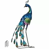 TERESA'S COLLECTIONS Décoration extérieure en Forme de Paon - Sculptures et Statues de Jardin - Petits Oiseaux en métal Bleu - Décorations extérieures de 56,9 cm pour Porche, terrasse, étang, Cadeau