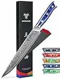 SANMUZUO Couteau à Trancher 23 cm, Couteaux de Cuisinede Chef Japonais Couteau à découper - Acier de Damas et Manche en Résine - Série Xuan(Bleu Saphir)