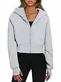 Timuspo Sweat à capuche court pour femme - Avec fermeture éclair - Doublure en polaire - Fermeture éclair - Automne et hiver, gris, S