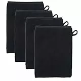 XIASHENG Lot de 4 Gants de Toilette,13 x 20 cm Gants de Bain de Tissu éponge,100% Coton Absorbants et Doux Serviette Invité avec Boucle de Suspension,Gants Démaquillants Réutilisables-Noir