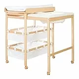 roba Table à Langer avec Baignoire Coulissante Baby Pool 2EN1 avec Matelas Imperméable Blanc et 2 Compartiments de Rangement - Bain Bébé Dès la Naissance - Bois Naturel