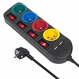 Maclean MCE229 B Bloc multiprises rallonge 4 Prises + 2xUSB avec interrupteurs 250VAC/10A, 2,1A 5V 1,5m Noir
