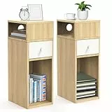 vounot® Lot de 2 Table de Chevet Étroite 25x30x66cm Chevet de Lit avec 2 Compartiments Ouverts et 1 Tiroir Table de Nuit Moderne pour Chambre à Coucher et Salon Naturel