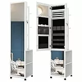 Hzuaneri Armoire à Bijoux 8 LEDs, 175cm Organisateur de Bijoux sur Pied avec 1 Porte-Vêtements,Rangement Bijoux, Miroir Verrouillable sur Toute la Longueur avec 4 Roues, Blanc et Noir JC17003B