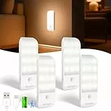 Veilleuse avec Détecteur de Mouvement, Lot de 4 Veilleuse LED Rechargeable Type-C avec 3 Modes d'éclairage, Lampe de Placard avec Bande Magnétique pour Armoire, Couloir, Escalier, Cuisine, Blanc Chaud