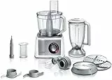 Robot de cuisine compact Bosch MultiTalent 8 MC812S814, 45 fonctions, bol mélangeur XXL 3,9 L, blender 1,5 L, couteau universel, fouet, coupe et râpe (fin, grossier), 1250 W, blanc/acier inoxydable