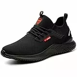 Calish Chaussure de Securité Homme Femme Legere Baskets de Securite Chaussure de Travail Chaussure de Chantier Embout de Protection en Acier Respirantes Antidérapant Noir, 41 EU