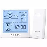 Raddy WF-50 Station météo sans fil, thermomètre et hygromètre d'intérieur et d'extérieur, alimenté par batterie, 5' TN écran, prévisions météo et capteur à distance sans fil (Blanc)