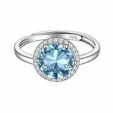 ChicSilver Bague Femme Argent Reglable,Anneau Ajustable avec Pierre Aigue-Marine en Forme Rond Brillante,Bijoux Fantaisie Cadeau Femme Noel Anniversaire