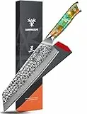 SANMUZUO Japonais Kiritsuke Couteau de Chef - Couteau de Cuisine Professionnel - lame martelée en acier Damas de 20cm et manche en résine - Série YAO
