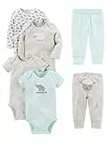 Simple Joys by Carter's 6-Piece Neutral Bodysuits (Short Long Sleeve) and Pants Set Infant Toddler Clothing, Gris/Vert Menthe/Éléphant/Agneau, 3-6 Mois Mixte Bébé