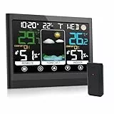 jely Station Meteo Interieur Exterieur Sans Fil avec Capteur Thermomètre Hygromètre LCD Écran Couleur avec Alerte Température Météo Prévisions DCF Radio Phase de la Lune Snooze Réveil