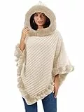 Rayson Poncho Femme Hiver Elégant Chaud Châle avec Tricoté à Capuche Manteau en Fausse Fourrure pour l' Automne Hiver(Beige)