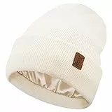 Bequemer Laden Femmes Hiver Chaud Satin Doublé Bonnet Tricot Slouchy Chapeaux Soie Doublure Ski Bonnets pour Femme Homme, Beige, Taille Unique