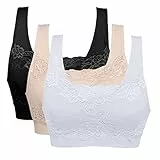 Litthing Lot de 3 Brassières Soutien-Gorge sans Armature Dentelle Sexy Respirant Confortable pour l'Entraînement Physique Yoga pour Femme (Noir/Blanc/Chair - XL)