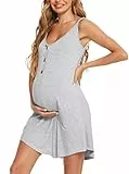 Aseniza Chemise de Nuit Maternité Femme Coton Robe de Nuit Patineuse Maternité d'allaitement Bretelles sans Manches Vêtements Grossesse Allaitement Pyjama Gris M