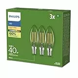 Philips Classic ultra-efficient LED ampoule classe énergétique A, équivalent 40W, culot E27, candle, clair, éclairage blanc chaud (2700K), 3-pack, nouvelle génération