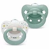 NUK Signature Lot de 2 tétines en silicone en forme de cœur sans BPA pour bébé de 0 à 6 mois avec étui Motif étoiles vertes