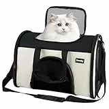 Zavothy Sac Transport Chat Chien, Sac Transport Respirant et Pliable, Caisse de Transport Chat avec Bandoulière Réglable, Matelas en Peluche Amovible, S, Beige