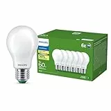 Ampoule LED Philips ultra efficace, classe d'efficacité énergétique A, avec douille E27, 60W, mat, blanc chaud 2700K, 6 packs