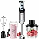 FRESKO 4-en-1 Mixeur Plongeur，Mixeur Plongeur de 1000W avec 12 vitesses et mode turbo, Lames en acier inoxydable 304, Comprend une tasse à mesurer, Une tasse hachoir et un fouet(HB3302)