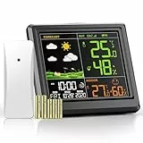 Station Météo Interieur Exterieur Sans Fil | Thermometre Hygrometre avec Capteur | Avec 3 Niveaux Luminosité | Ecran LCD Couleur Rétro-Éclairé | Avec Date Heure | Prévisions Météo